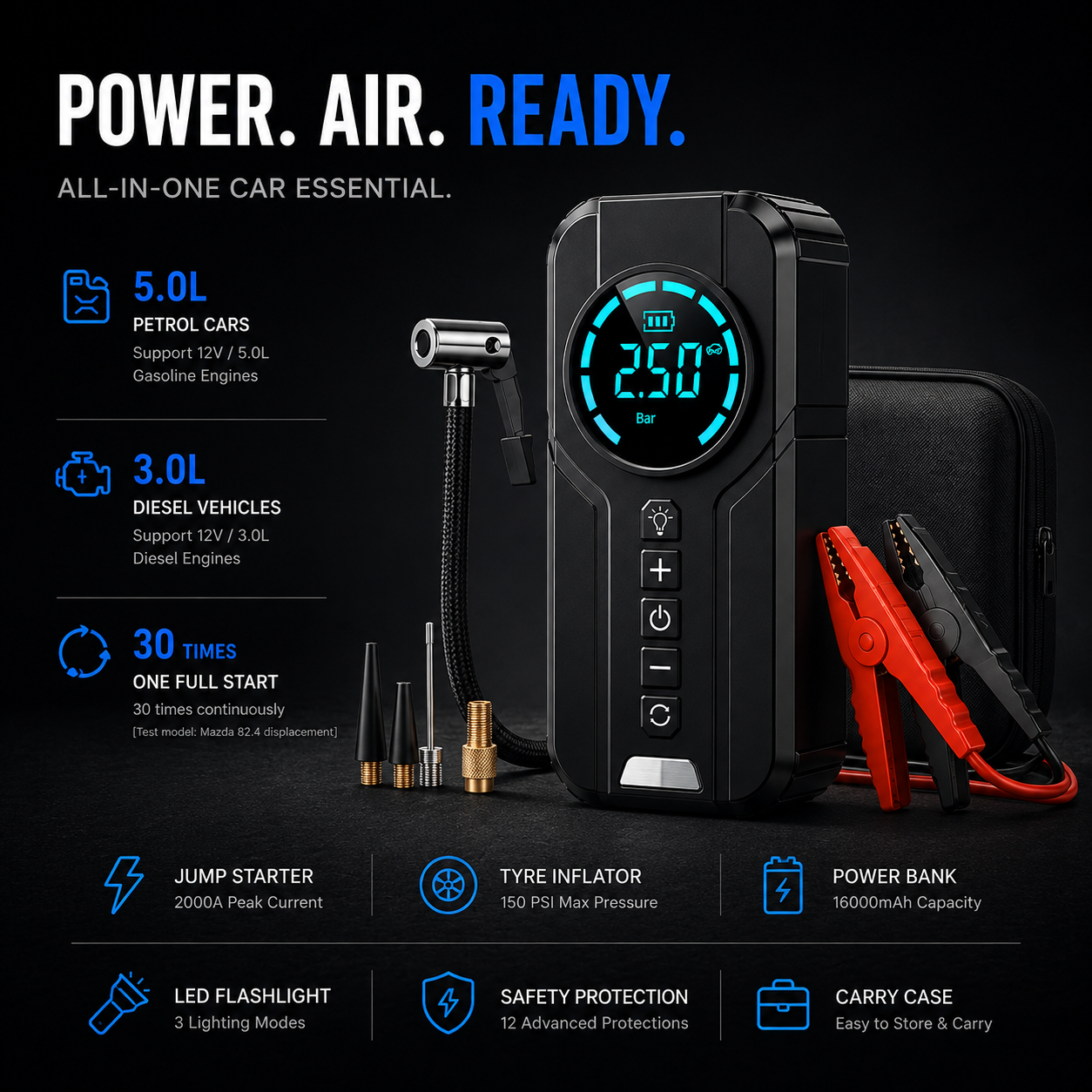 Portable 2-in-1 Car Tyre Inflator & Jump Starter - Digital Air Compressor