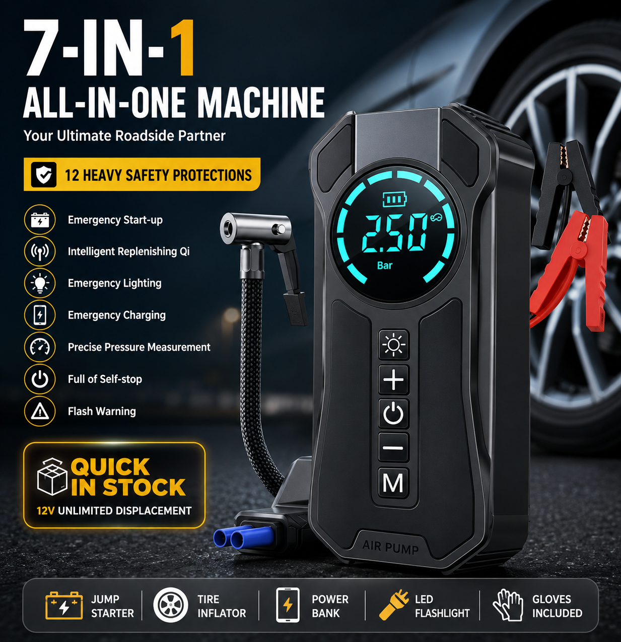 Portable 2-in-1 Car Tyre Inflator & Jump Starter - Digital Air Compressor