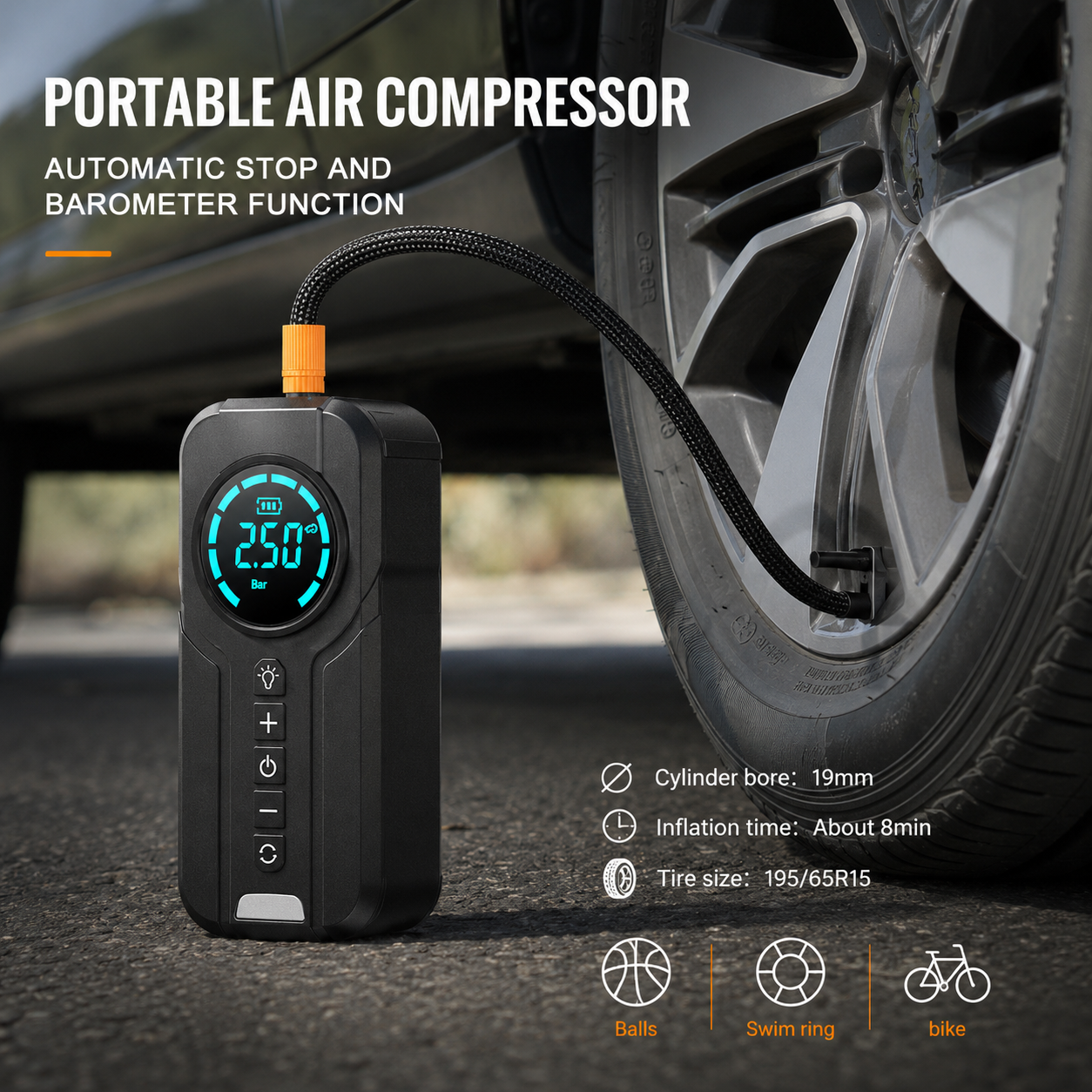 Portable 2-in-1 Car Tyre Inflator & Jump Starter - Digital Air Compressor